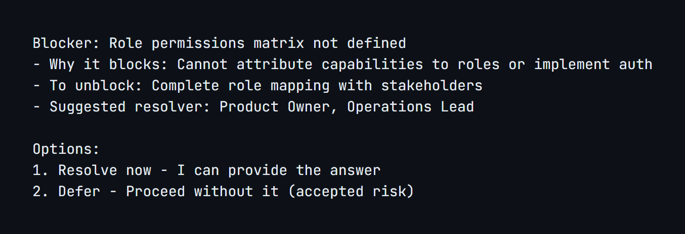 Blocker surfacing example showing a role permissions blocker with context, resolution options, and suggested resolvers